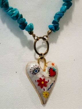 Turquoise Beaded Necklace with Whimsical White Heart Pendant